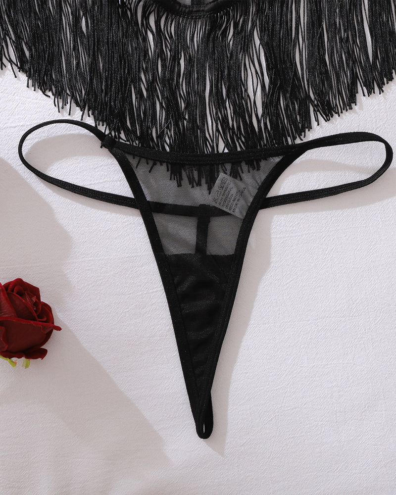 See-Through Mesh Sexy Suspenders Tassel Body-Shaping Bodysuit