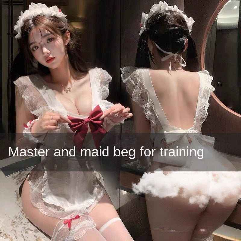 Bowknot Pure Desire Maid Backless Apron Set, Pull-Off Uniform Lingerie, Small Bust Sleepwear, Backless Flirty Lingerie