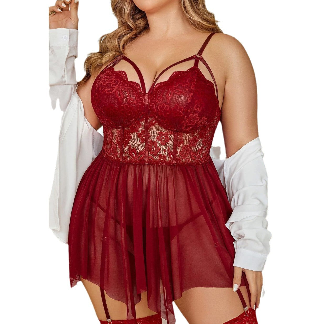 Plus Size Lace Mesh Babydoll Chemise with Asymmetrical Hem