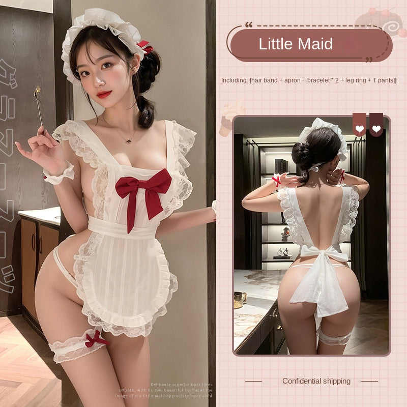 Bowknot Pure Desire Maid Backless Apron Set, Pull-Off Uniform Lingerie, Small Bust Sleepwear, Backless Flirty Lingerie