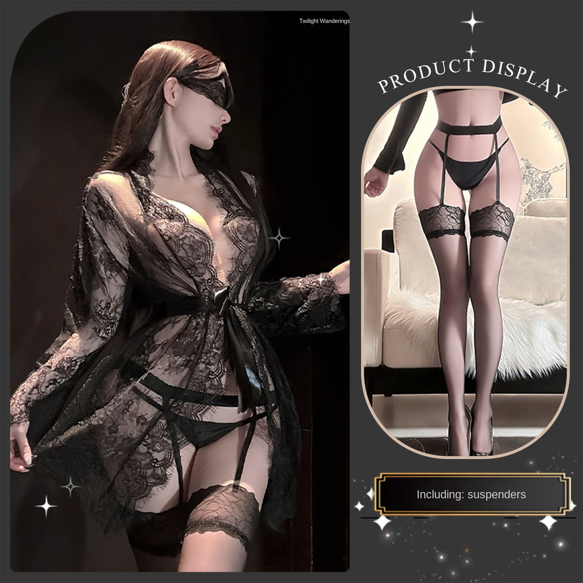 Sexy Slim-Fit Open-Bust Lace Mesh Long Sleeve Sleepwear Robe Set with Waist Belt