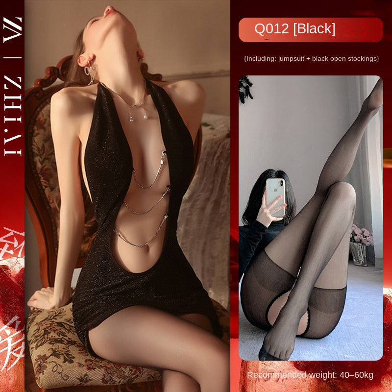 Sexy Lingerie, Sultry Minimalist Uniform Style, Nightclub-Inspired Hip-Hugging Skirt, Chain Detail, Halter Neck Sheer Outfit