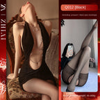 Sexy Lingerie, Sultry Minimalist Uniform Style, Nightclub-Inspired Hip-Hugging Skirt, Chain Detail, Halter Neck Sheer Outfit