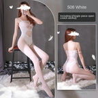 Sexy Lingerie White Sheer Lace Suspender Bodystocking, Black Printed Slimming Silky Stockings