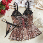Leopard Print Lace See-Through Peplum Lingerie Set with Pink Lace Up