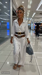 Women's Denim Retro Collared Long-Sleeved Wide-Leg Straight Jumpsuit