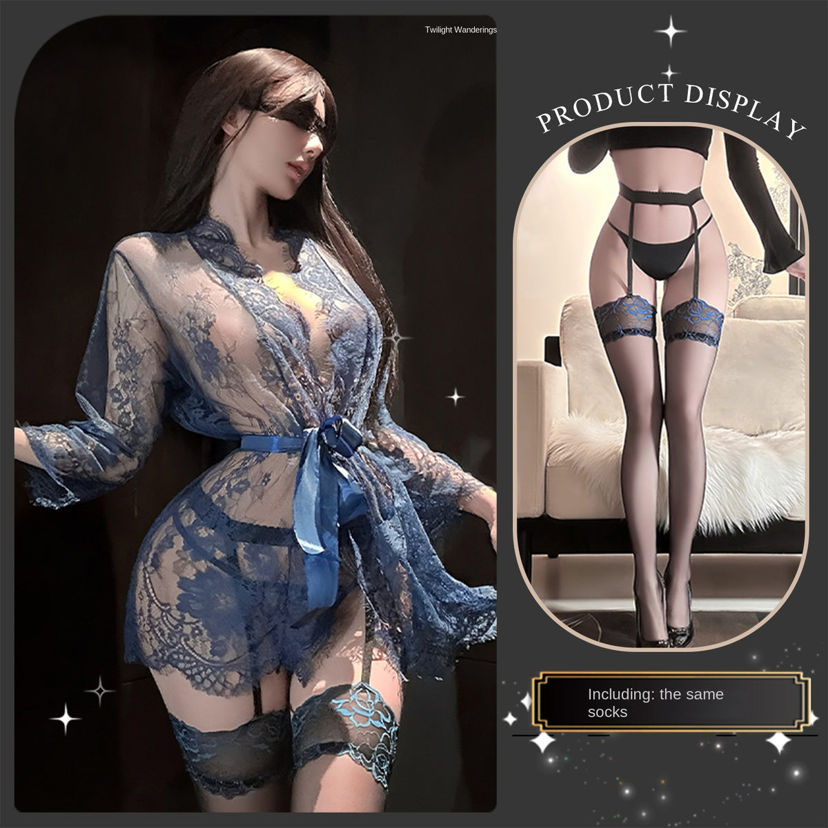 Sexy Slim-Fit Open-Bust Lace Mesh Long Sleeve Sleepwear Robe Set with Waist Belt