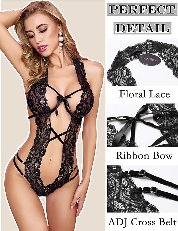 Women Deep V Halter Lingerie Teddy One Piece Bodysuit Lace Babydoll