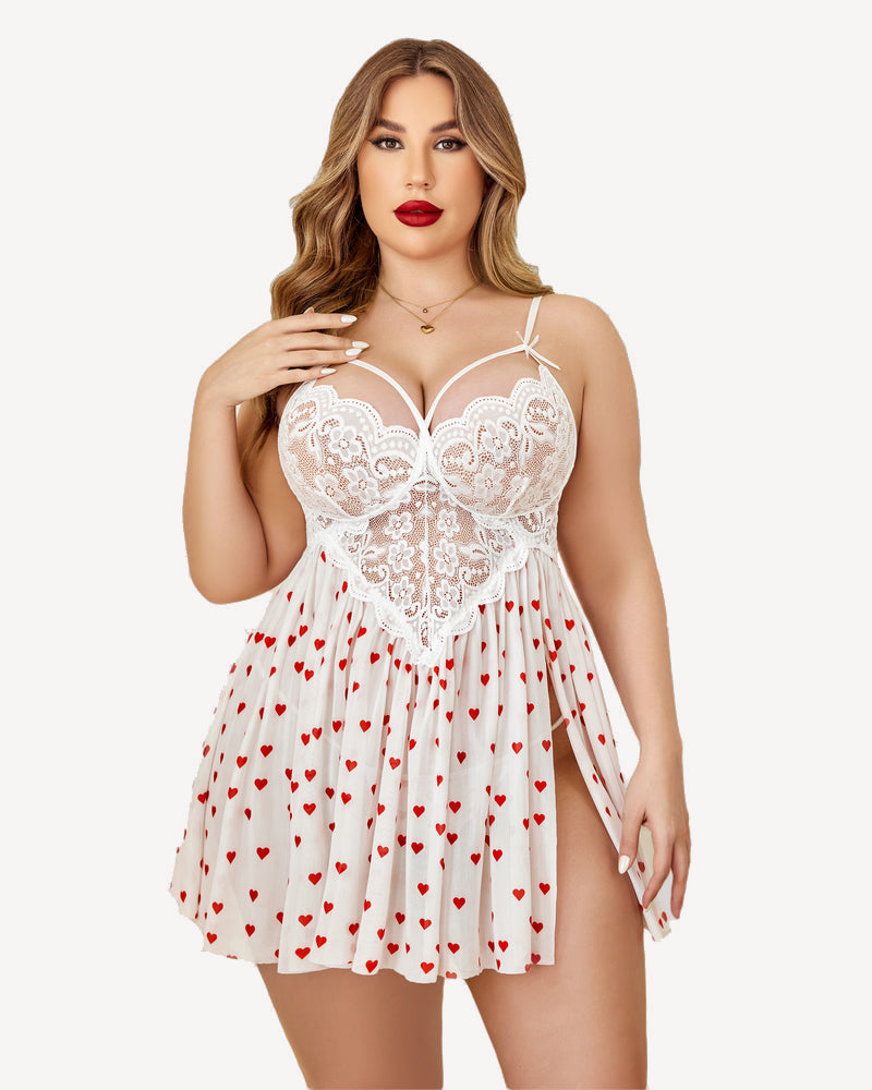 Plus Size Heart Print Nightdress with Lace - White with Red Hearts and High Slit