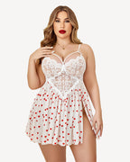 Plus Size Heart Print Nightdress with Lace - White with Red Hearts and High Slit