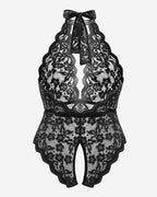 Plus Size Black Lace Halter Teddy - Backless, Crotchless Design