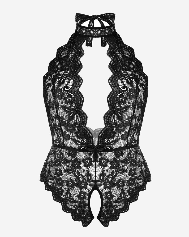 Plus Size Black Lace Halter Teddy with Backless Design and Crotchless Bottom