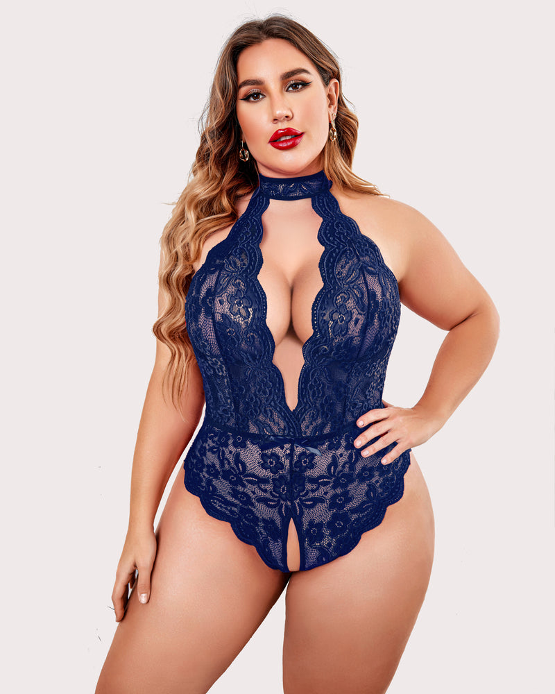 Plus size navy blue lace halter teddy with deep V-neck and crotchless design. Sexy lingerie.