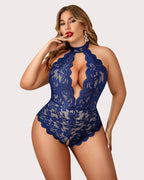 Plus Size Navy Blue Lace Halter Teddy - Backless, Crotchless Design