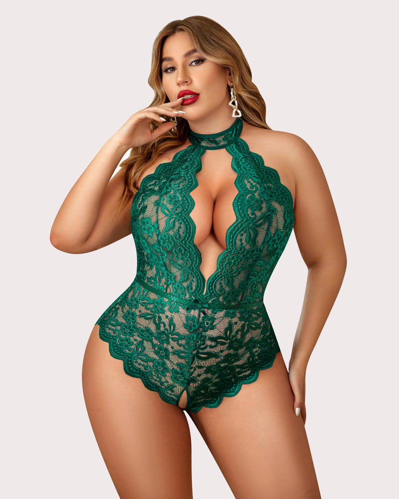 Plus size green lace halter teddy with open back and crotchless. Sexy lingerie for confident women.