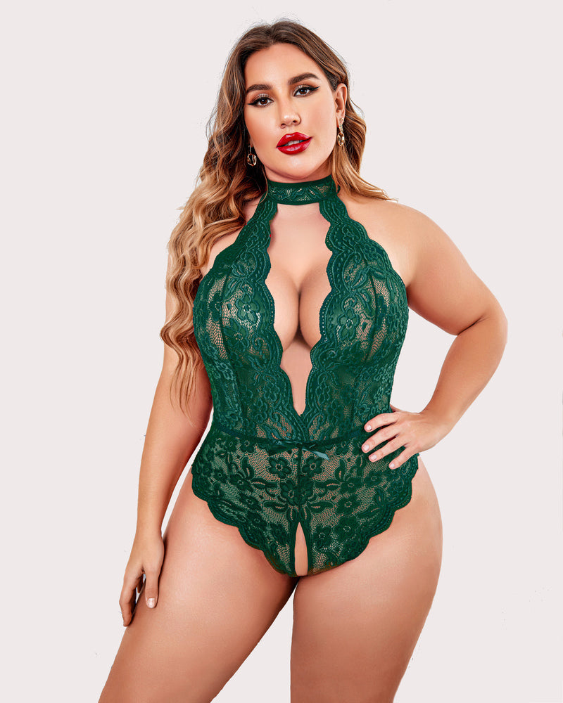 Plus size emerald green lace halter teddy, backless design, crotchless bottom. Sexy lingerie.