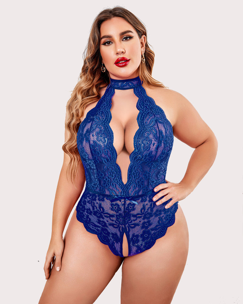 Plus size blue lace halter teddy. Open back, crotchless design. Sexy lingerie.