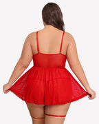 Plus Size Red Lace Babydoll Lingerie Set with Garter Belt. Soft mesh and lace details.