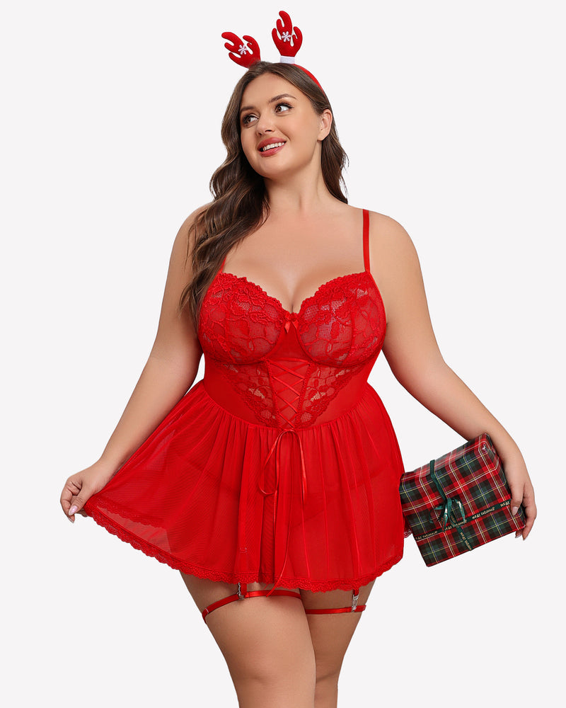 Plus size red lace babydoll with garter belt, reindeer antlers, sheer cups, mesh skirt, gift