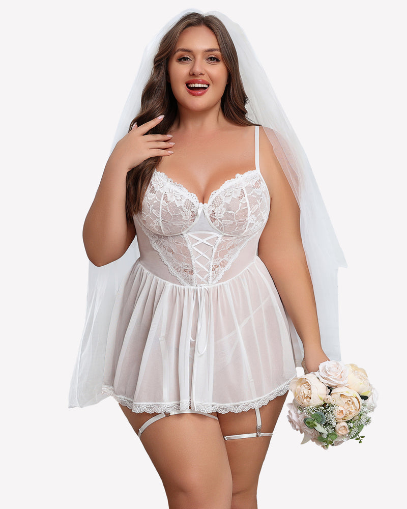 Plus size white lace bridal babydoll with garter belt, sheer cups, mesh skirt, and veil
