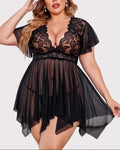 Plus Size Babydoll Floral Lace Lingerie in Black, Deep V-Neck, Asymmetrical Hem