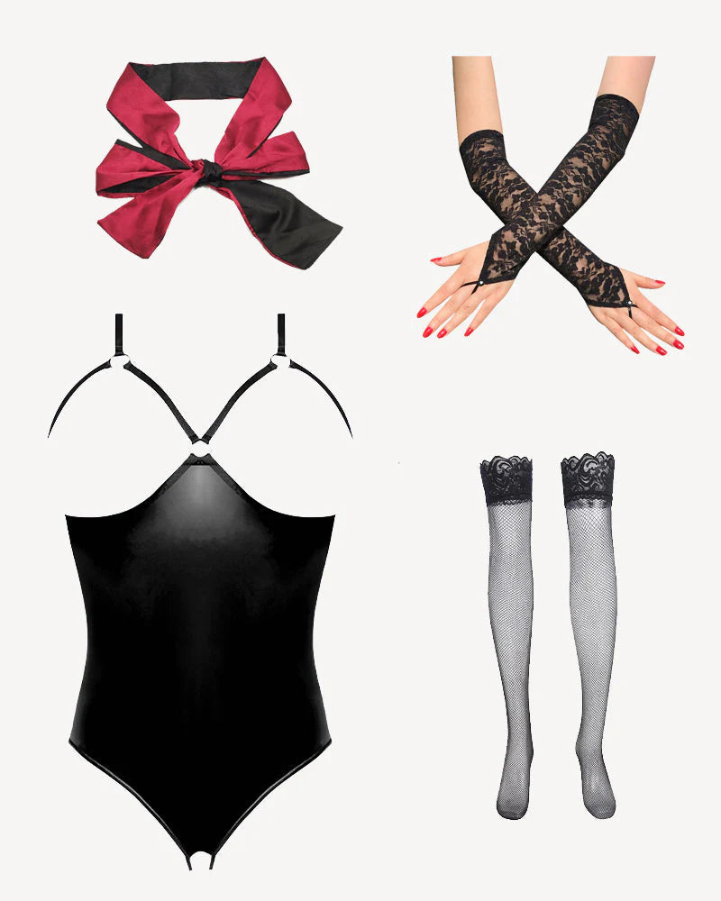 Leather PU Crotchless and Cupless Teddy