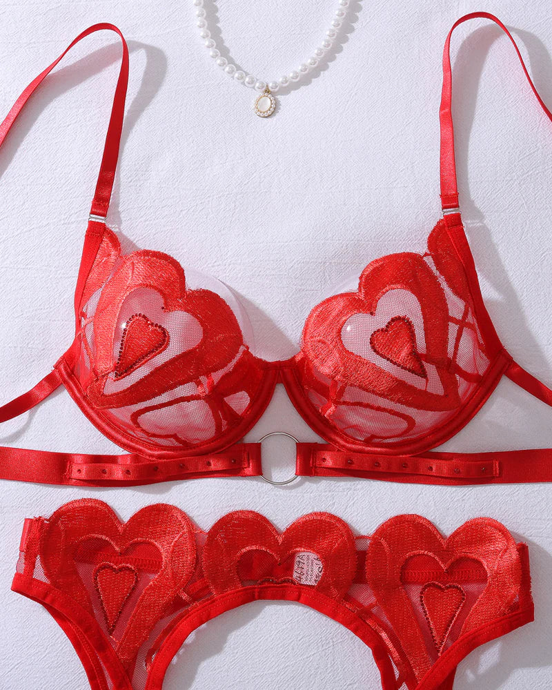 See-through Heart Embroidery Push-up Sexy Lingerie Set