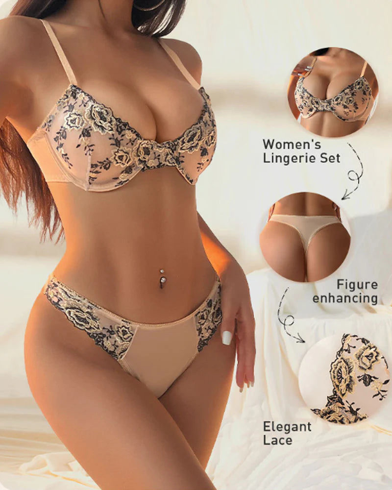 Sexy Push-up Embroidered Mesh See-through Lingerie Set