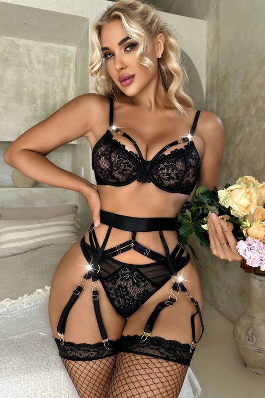 Black Lace & Straps Lingerie Bra Set