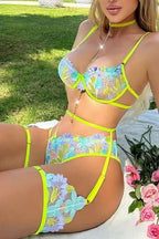 Bountiful Bouquet Green Gartered Lingerie Bra Set