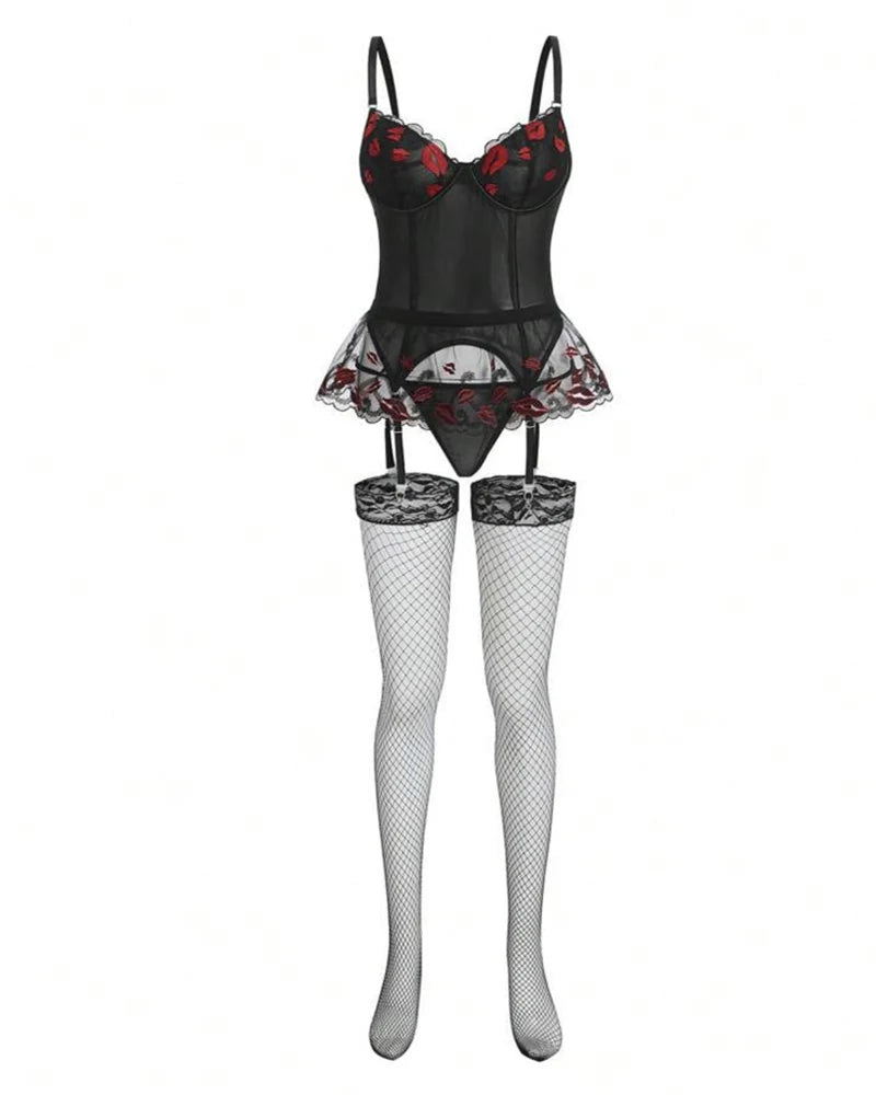Red Lips Embroidered Mesh Lingerie Set with Stockings