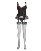 Red Lips Embroidered Mesh Lingerie Set with Stockings