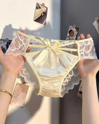 Sexy Low-rise Satin Bow-embroidered See-through Lace Panties