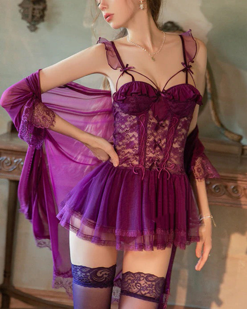 Lace Corset‑Style Tulle Tutu Babydoll Lingerie 2‑Piece Set
