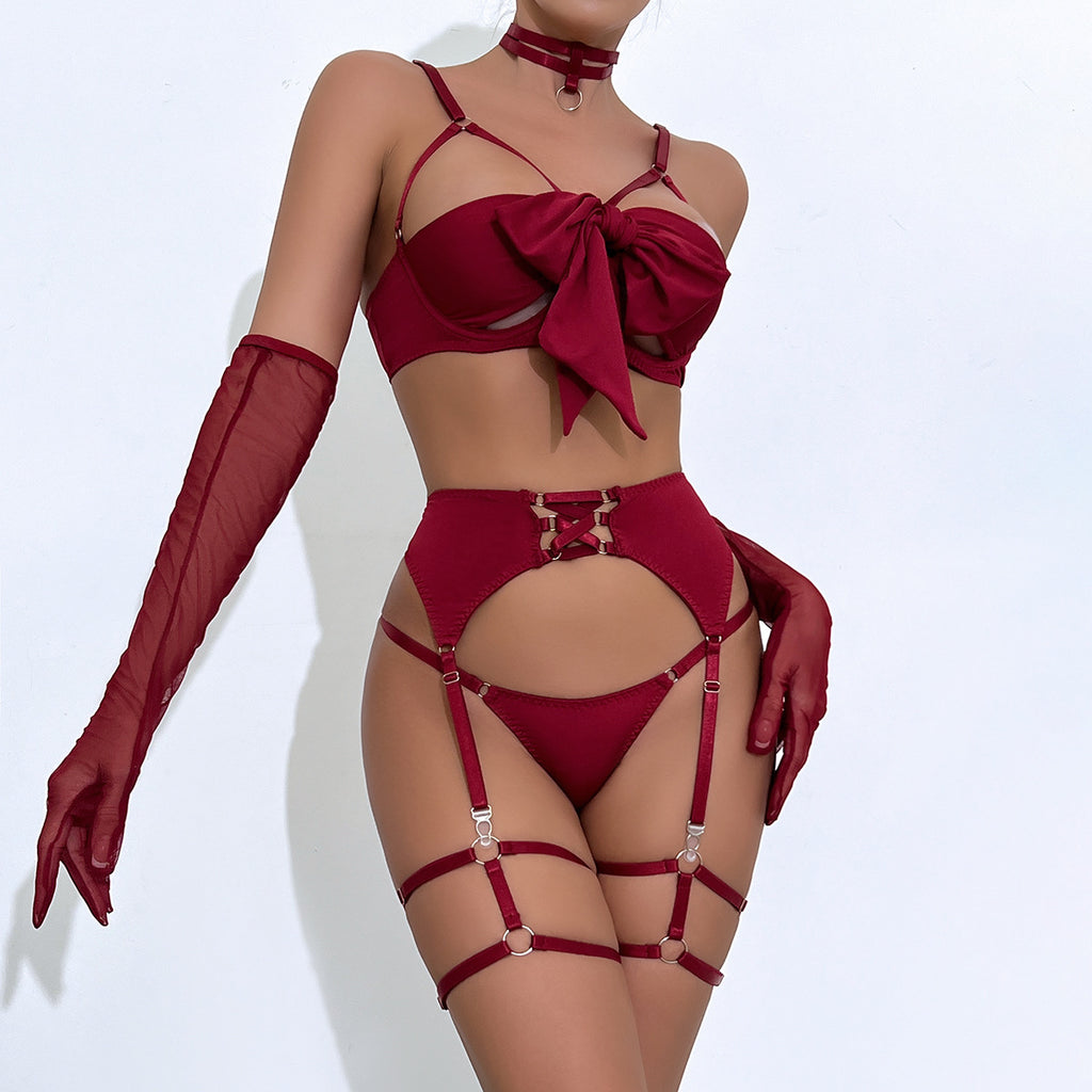 Bow Strappy Lingerie Set with Garter Belts