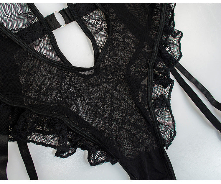 Seductive Hollow Floral Lace Mesh Teddy with Garter Straps