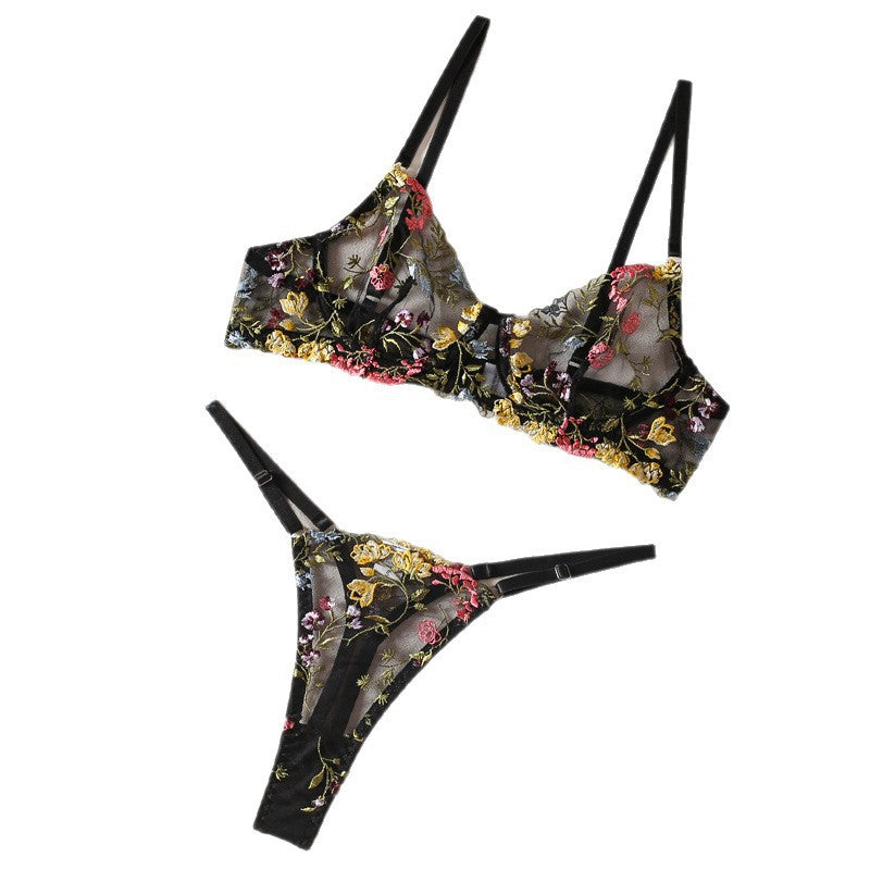 Sexy Embroidered Floral Colorblock Underwire Bra and Thong Lingerie Set