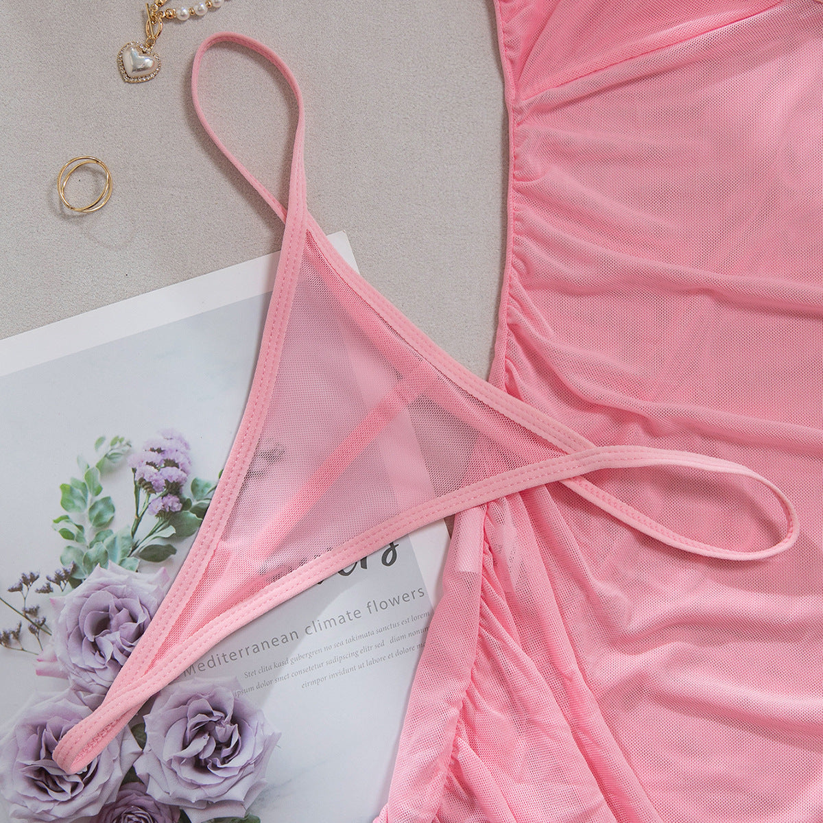 Pearl Spaghetti‑Strap Sheer Mesh Ruched Chemise