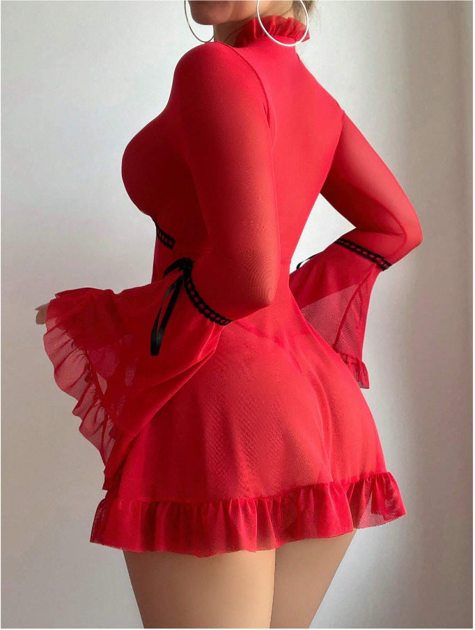 Long Sleeve Sheer Mesh Babydoll with Rhinestone Detail & Bow Ties