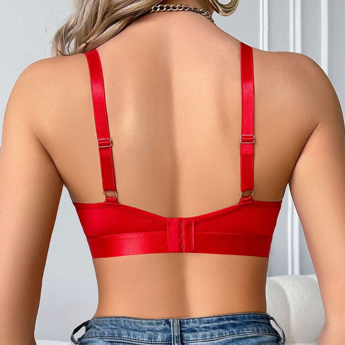 Diamond-Studded Sheer Mesh Push-Up Bra with Adjustable Straps