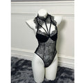 Fringe Lace Halter Cutout Waist Cinching High Cut Sheer Mesh Teddy Bodysuit