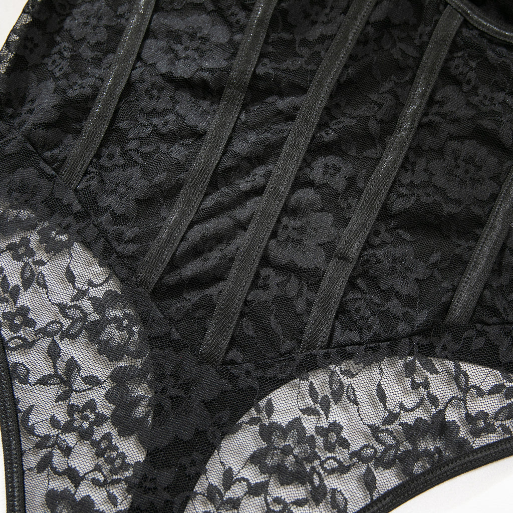 Eyelash‑Lace Deep‑V Open‑Back Intimate Bodysuit