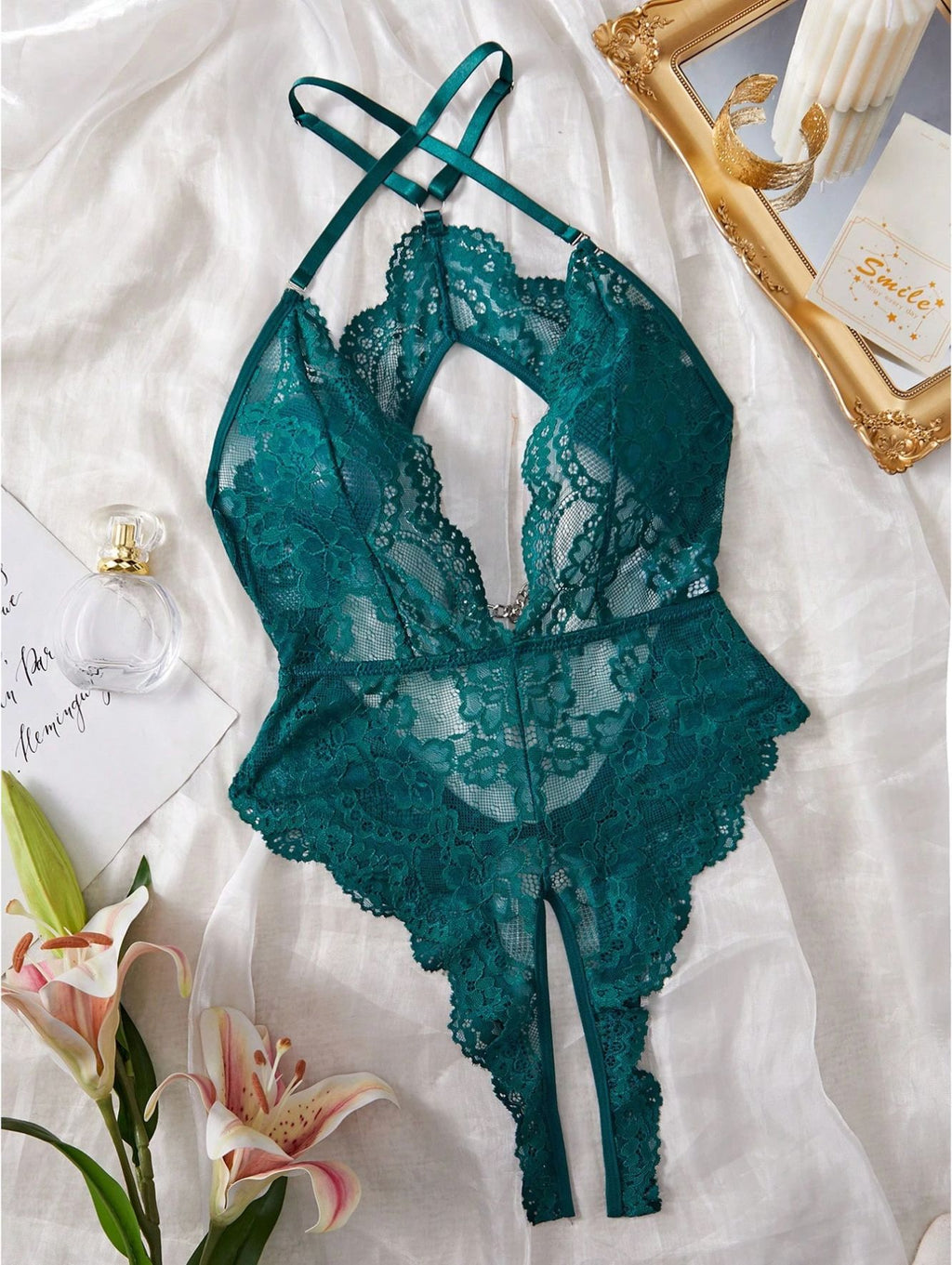 Deep V Floral Lace Open Back Crotchless Teddy Bodysuit