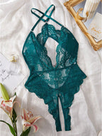 Deep V Floral Lace Open Back Crotchless Teddy Bodysuit