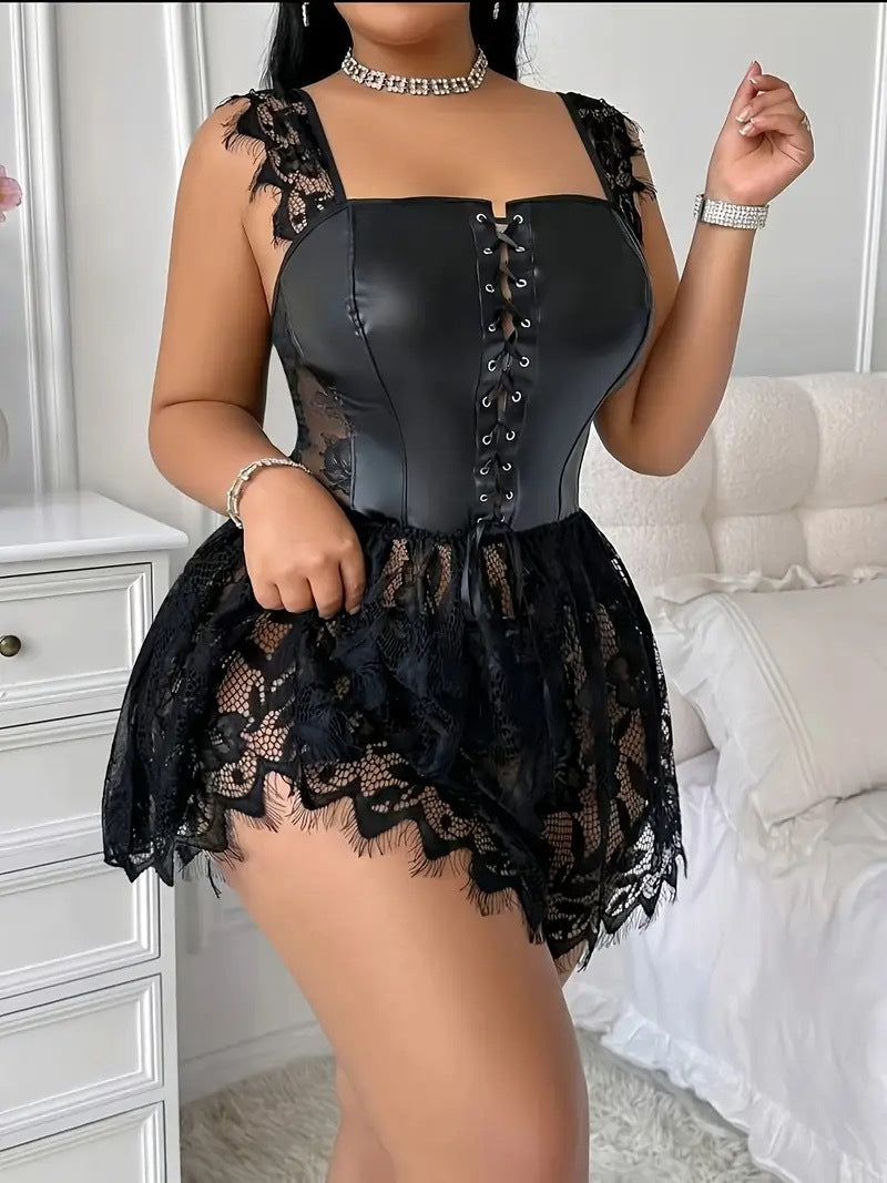 Faux Leather Sheer Lace Lingerie Dress with Flared Skirt