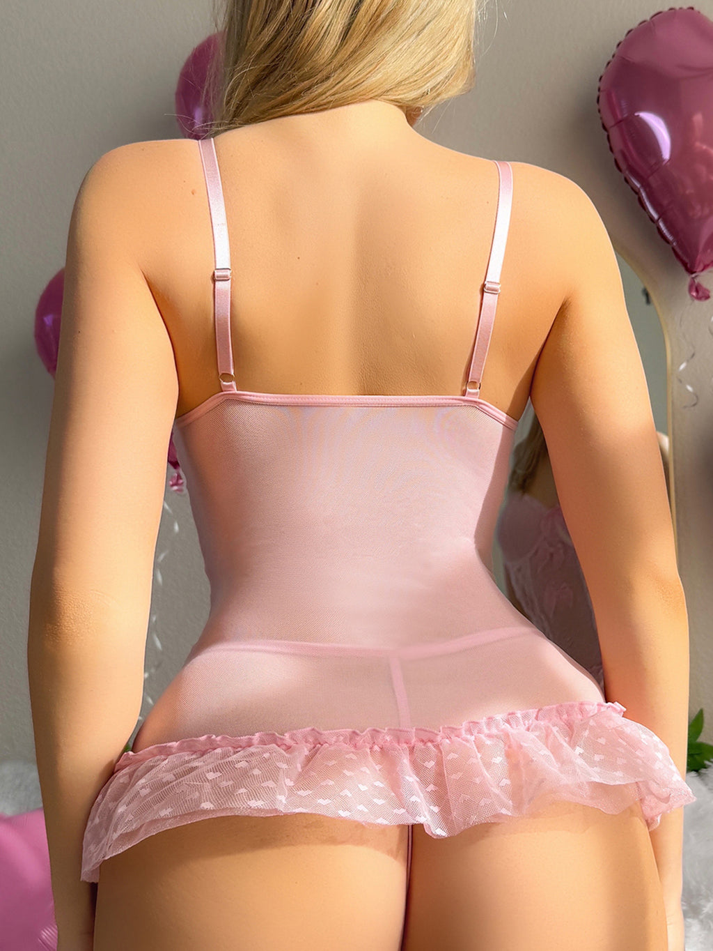 Lace-Up Floral Lace Babydoll Lingerie with Garter Straps And Bow Detail