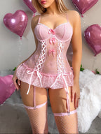 Lace-Up Floral Lace Babydoll Lingerie with Garter Straps And Bow Detail