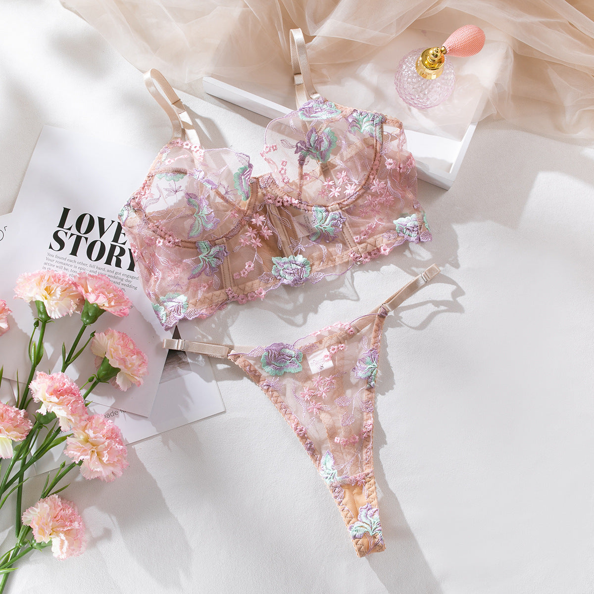Sheer Mesh Floral Embroidery Lingerie Set