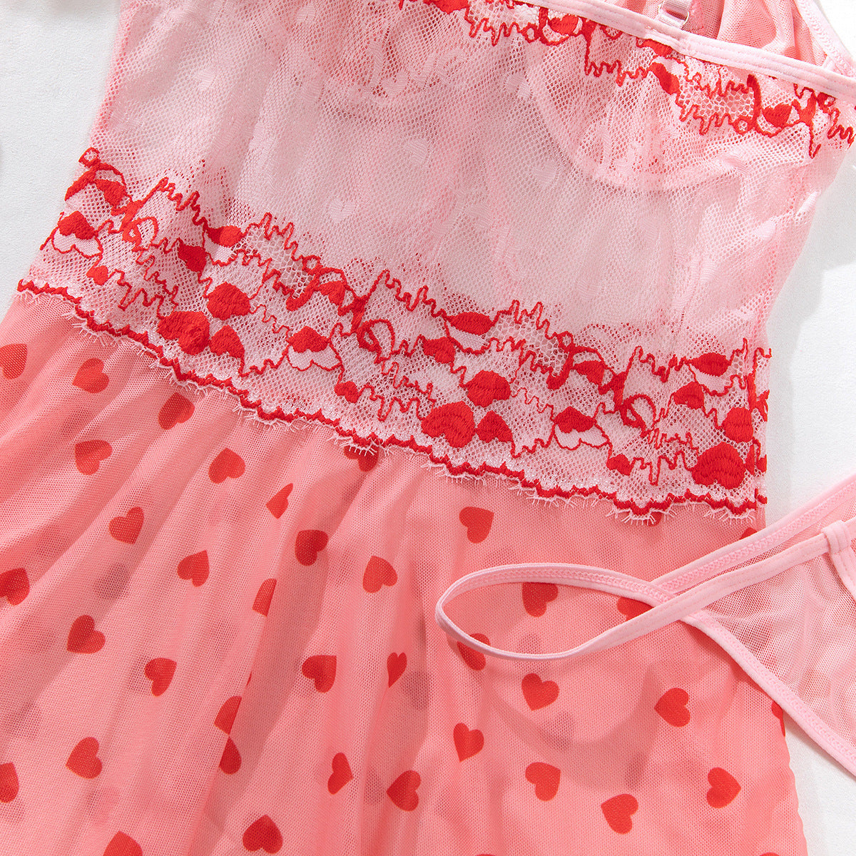 Heart‑Motif Lace‑Panel Sheer Mesh Babydoll