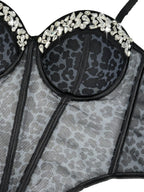 Leopard Print Mesh Corset Bustier with Rhinestone Trim